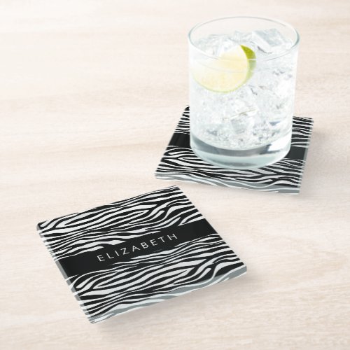 Zebra Print Stripes Black And White Your Name Glass Coaster