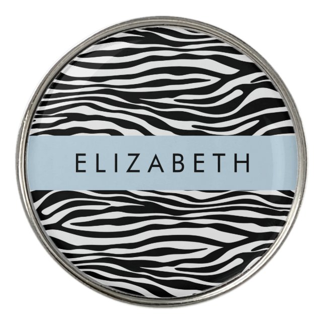 Zebra Print, Stripes, Black And White, Your Name Golf Ball Marker (Front)