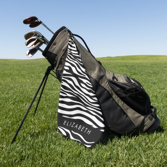 Zebra Print, Stripes, Black And White, Your Name Golf Towel (Green)