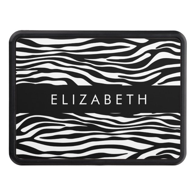 Zebra Print, Stripes, Black And White, Your Name Hitch Cover (Front)