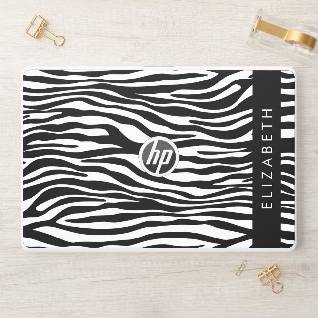 Zebra Print, Stripes, Black And White, Your Name HP Laptop Skin (Desk)