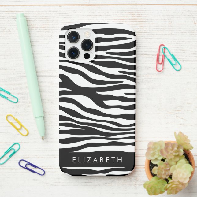 Zebra Print, Stripes, Black And White, Your Name iPhone Case (On Desk)
