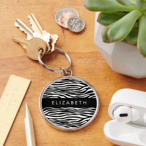 Zebra Print Stripes Black And White Your Name Keychain