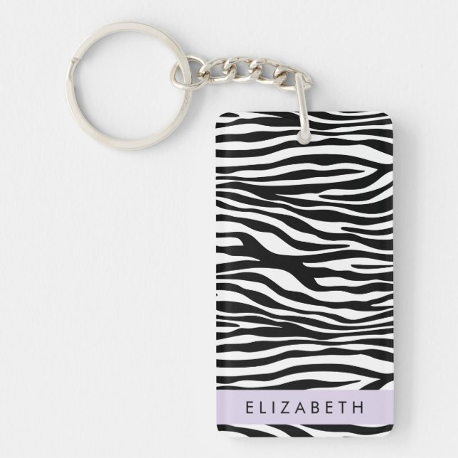 Zebra Print, Stripes, Black And White, Your Name Keychain (Front)