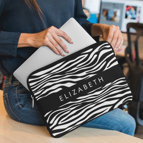 Zebra Print Stripes Black And White Your Name Laptop Sleeve