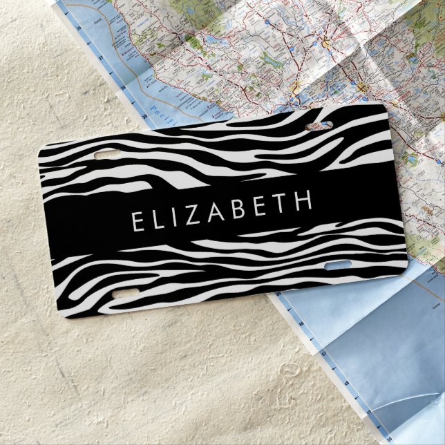 Zebra Print, Stripes, Black And White, Your Name License Plate (In Situ)
