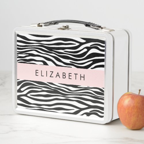 Zebra Print Stripes Black And White Your Name Metal Lunch Box