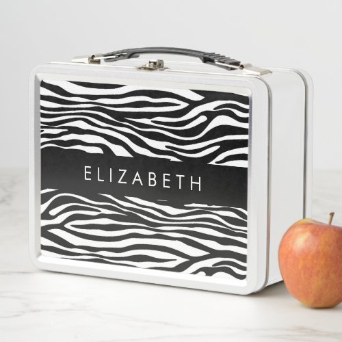 Zebra Print Stripes Black And White Your Name Metal Lunch Box