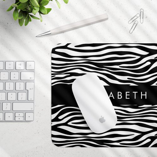 Zebra Print Stripes Black And White Your Name Mouse Pad