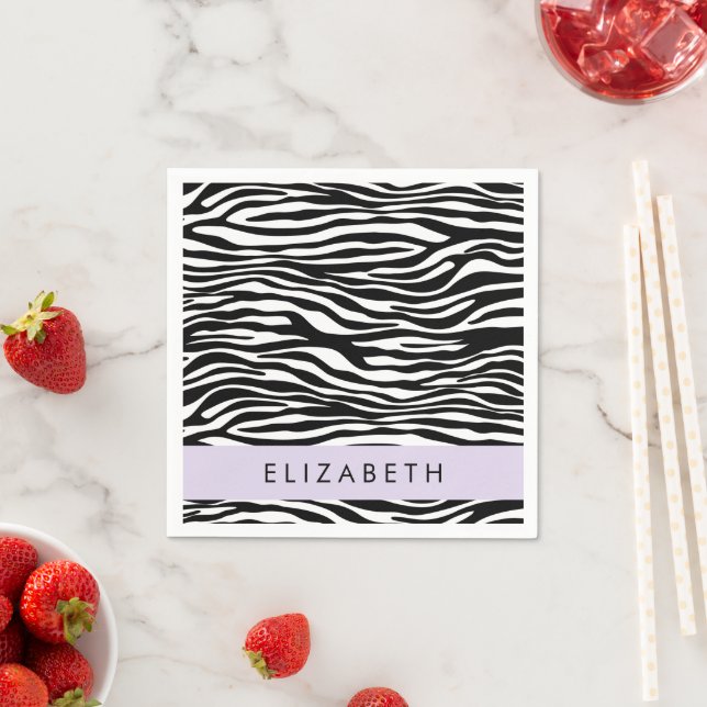 Zebra Print, Stripes, Black And White, Your Name Napkins (Insitu)