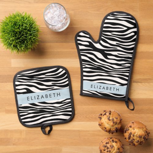 Zebra Print Stripes Black And White Your Name Oven Mitt  Pot Holder Set