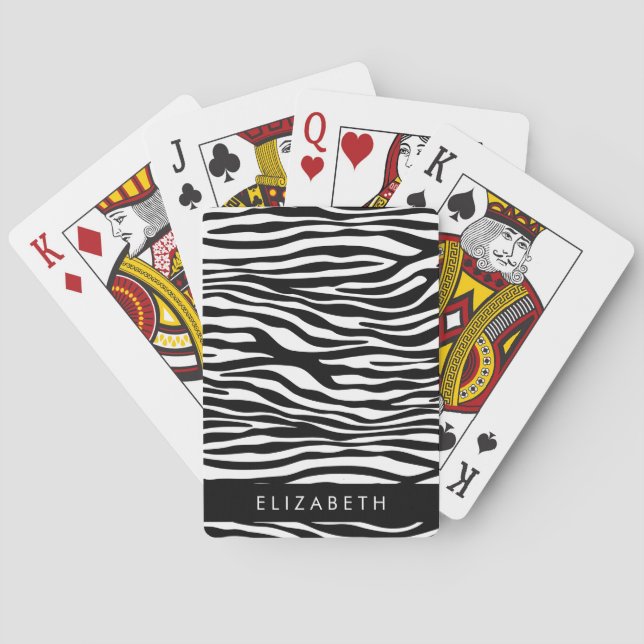 Zebra Print, Stripes, Black And White, Your Name Poker Cards (Back)