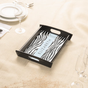 Zebra Print, Stripes, Black And White, Your Name Serving Tray