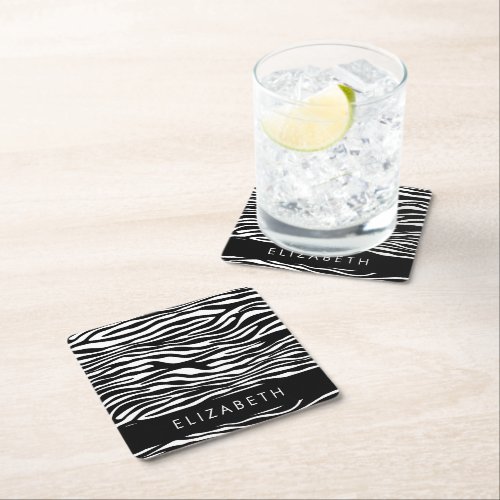 Zebra Print Stripes Black And White Your Name Square Paper Coaster