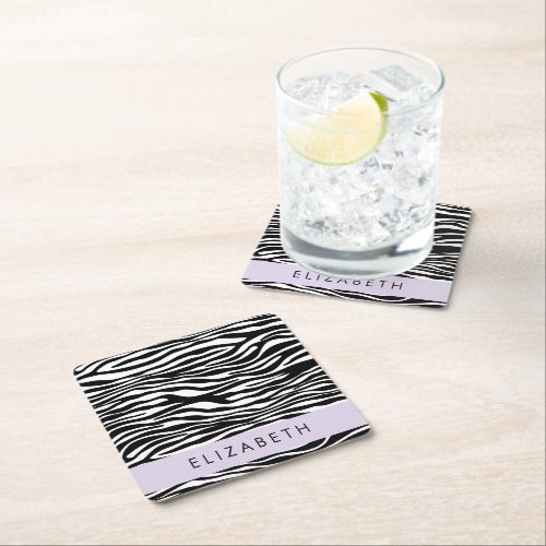 Zebra Print Stripes Black And White Your Name Square Paper Coaster