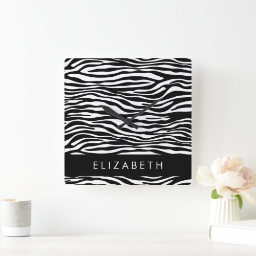 Zebra Print Stripes Black And White Your Name Square Wall Clock
