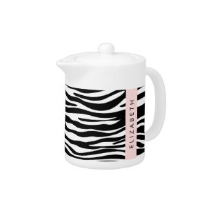 Zebra Print, Stripes, Black And White, Your Name Teapot