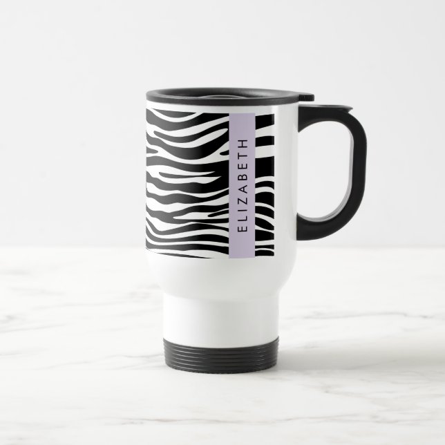 Zebra Print, Stripes, Black And White, Your Name Travel Mug (Right)