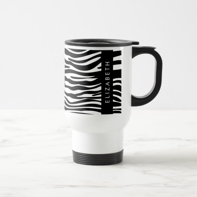 Zebra Print, Stripes, Black And White, Your Name Travel Mug (Right)