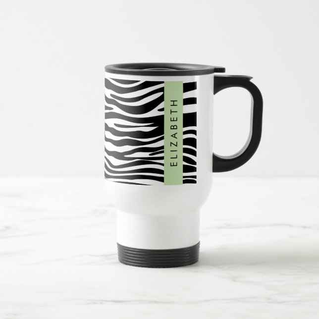 Zebra Print, Stripes, Black And White, Your Name Travel Mug (Right)