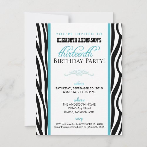 Zebra Print Sweet 13 Party Invitation (aqua)