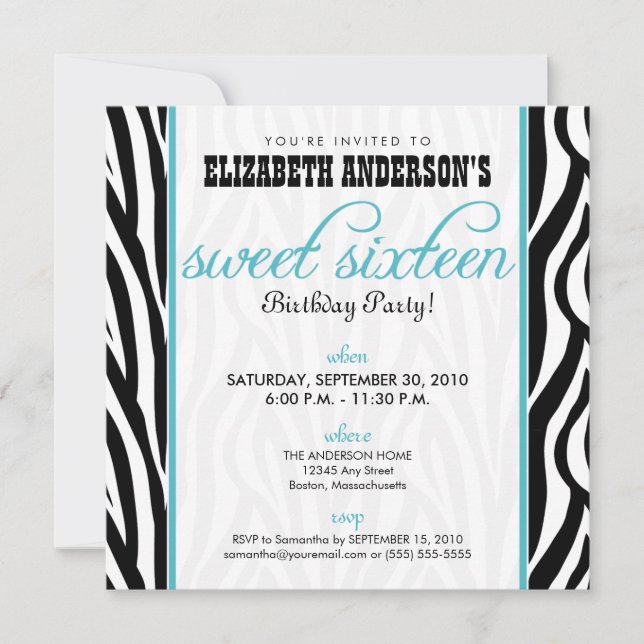 Zebra Print Sweet 16 Party Invitation (aqua) (Front)