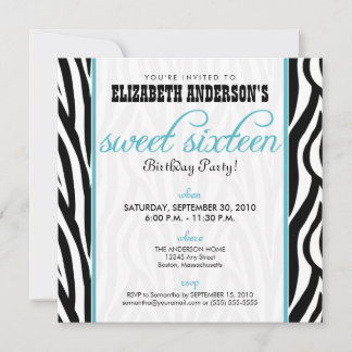 Zebra Print Sweet 16 Party Invitation (aqua)