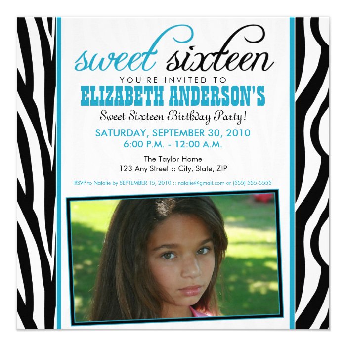 Zebra Print Sweet 16 Party Invitation (aqua blue)