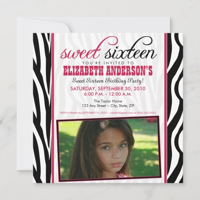 Zebra Print Sweet 16 Party Invitation (hot pink) (Front)