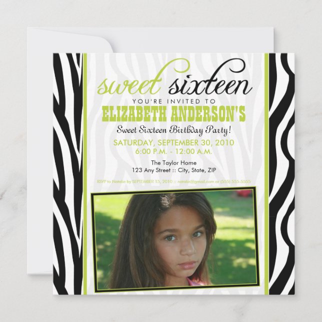Zebra Print Sweet 16 Party Invitation (lime green) (Front)