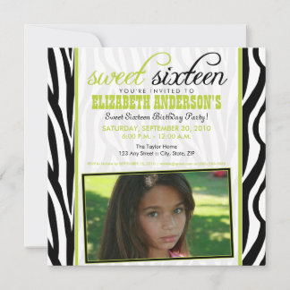 Zebra Print Sweet 16 Party Invitation (lime green)