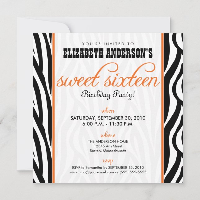 Zebra Print Sweet 16 Party Invitation (orange) (Front)