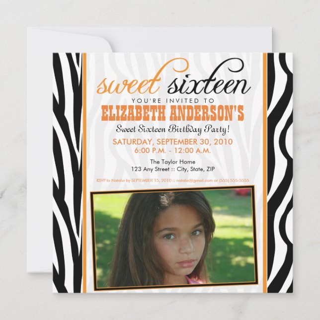 Zebra Print Sweet 16 Party Invitation (orange) (Front)