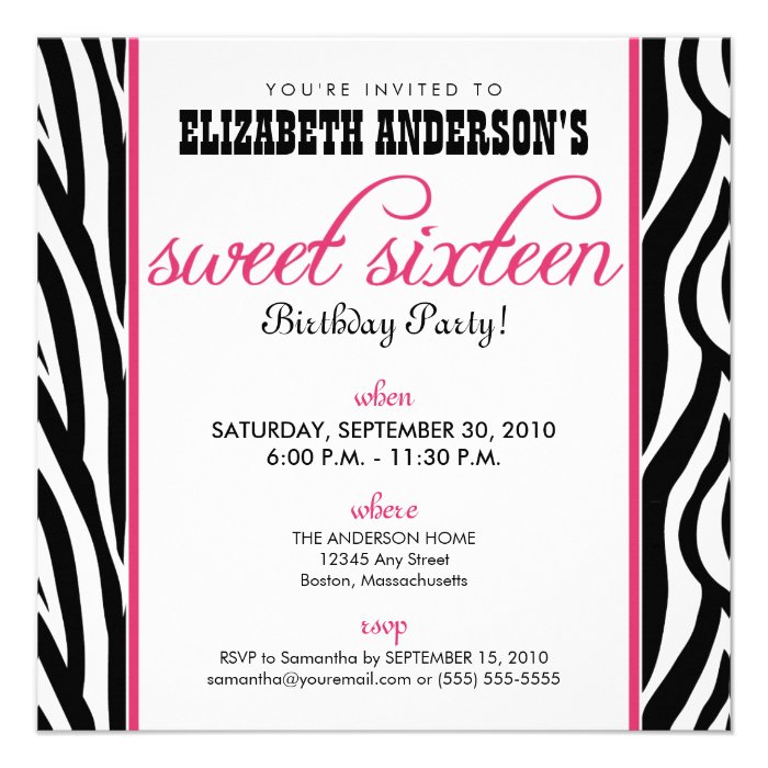 Zebra Print Sweet 16 Party Invitation (pink)