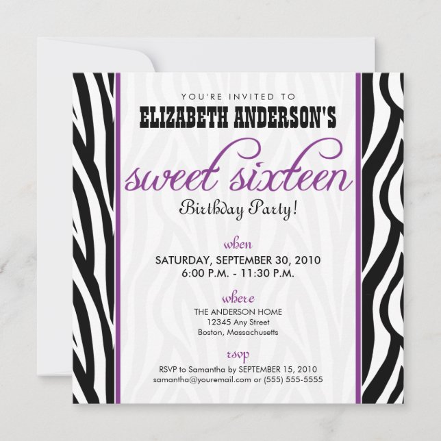 Zebra Print Sweet 16 Party Invitation (purple) (Front)
