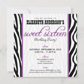 Zebra Print Sweet 16 Party Invitation (purple)