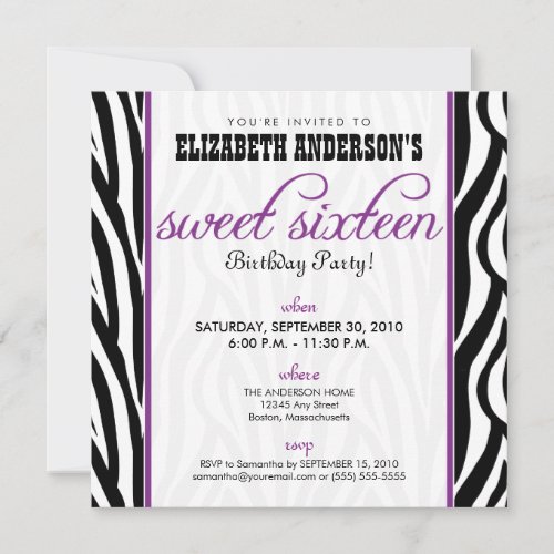 Zebra Print Sweet 16 Party Invitation (purple)