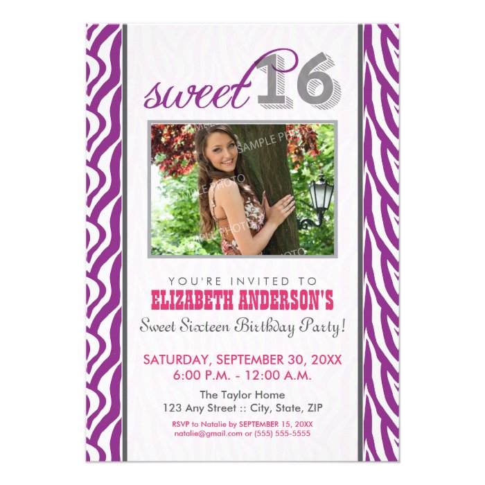 Zebra Print Sweet 16 Party Invitation (purple)