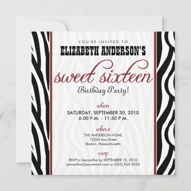 Zebra Print Sweet 16 Party Invitation (red) (Front)