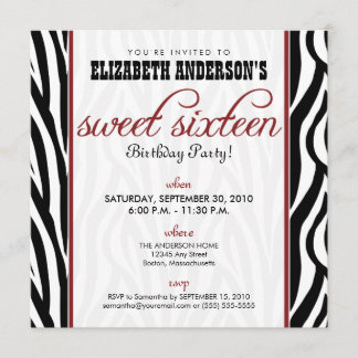 Zebra Print Sweet 16 Party Invitation (red)