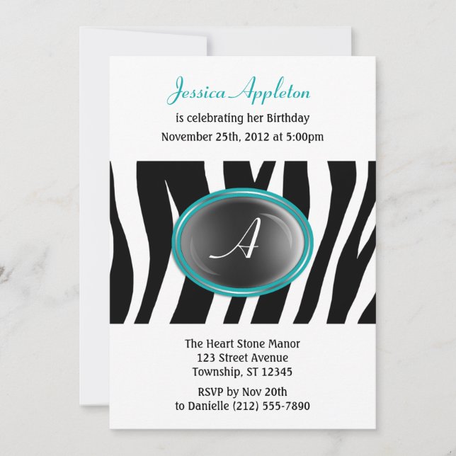 Zebra Print Teal Glass Monogram Birthday Invitation (Front)