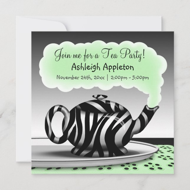 Zebra Print Teapot Tea Party Invitations (Front)