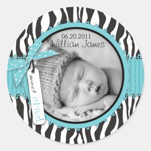 Zebra Print Turquoise Accent Birth Announcement Classic Round Sticker