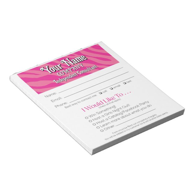 Zebra Print Vendor Event Leads Drawing Slip Notepad (Angled)