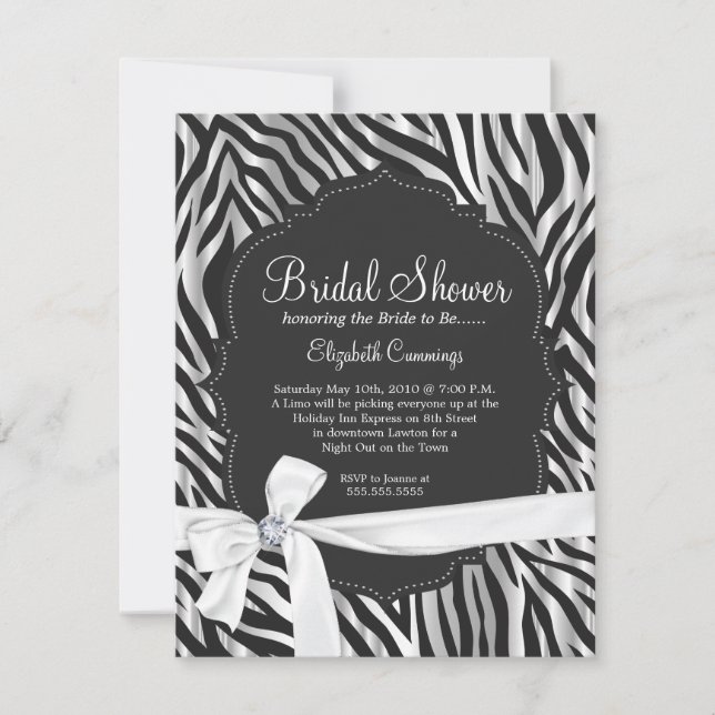 Zebra Print White Ribbon & Diamond Fashion Bridal Invitation (Front)
