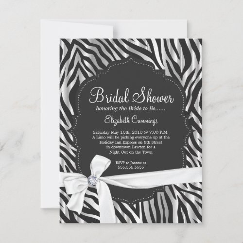 Zebra Print White Ribbon &amp; Diamond Fashion Bridal Personalized Invites