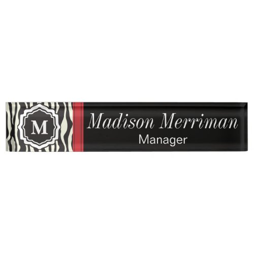 Zebra Print with a Red Bar  DIY Monogram  Text Desk Name Plate