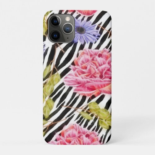 Zebra Print With Chic Pink and Purple Floral iPhone 11 Pro Case