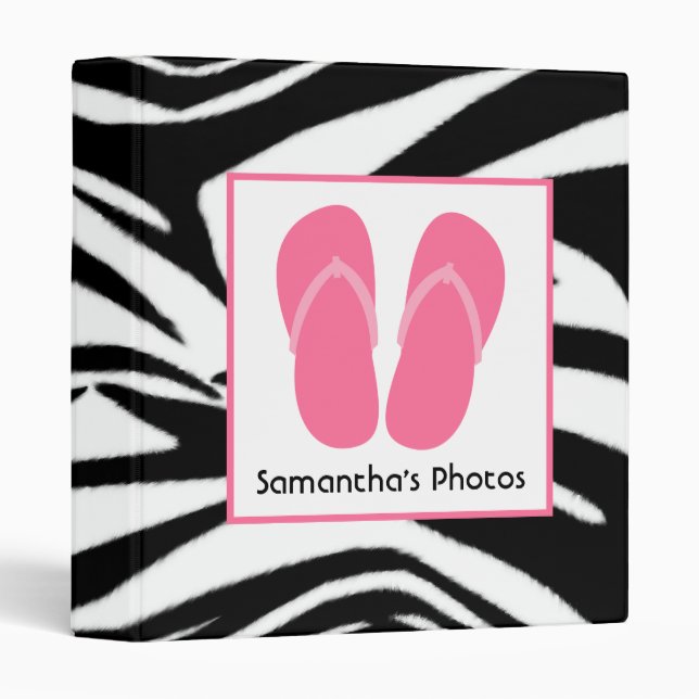 Zebra Print With Pink Flip Flops 3 Ring Binder (Front/Spine)