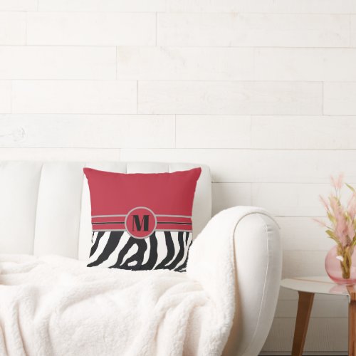 Zebra Print with Red Monogrammed Throw Pillow